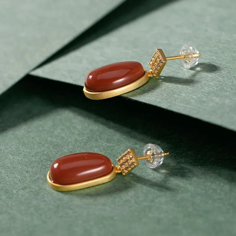 Retro S925 Silver-Gilded Southern Red Agate Lucky Bean Earrings For Women